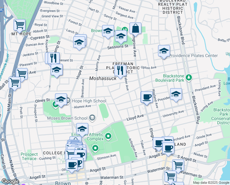 map of restaurants, bars, coffee shops, grocery stores, and more near 15 Barberry Hill in Providence