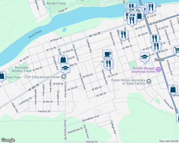 map of restaurants, bars, coffee shops, grocery stores, and more near 516 Jackson Avenue in Dixon