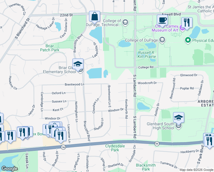 map of restaurants, bars, coffee shops, grocery stores, and more near 1844 Brentwood Lane East in Wheaton