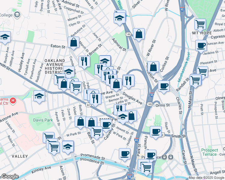 map of restaurants, bars, coffee shops, grocery stores, and more near 134 Rhode Island 7 in Providence