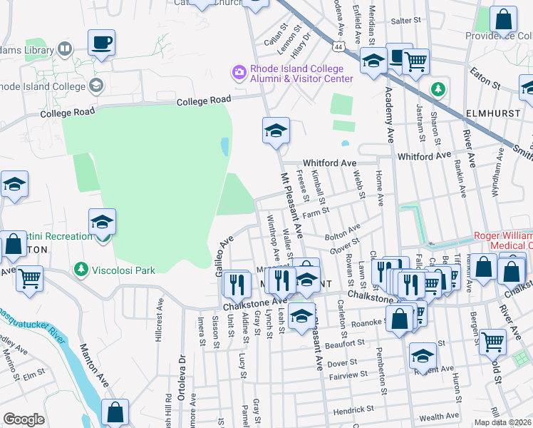 map of restaurants, bars, coffee shops, grocery stores, and more near 150 Metropolitan Road in Providence