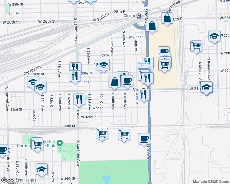 map of restaurants, bars, coffee shops, grocery stores, and more near 4929 West 31st Street in Cicero