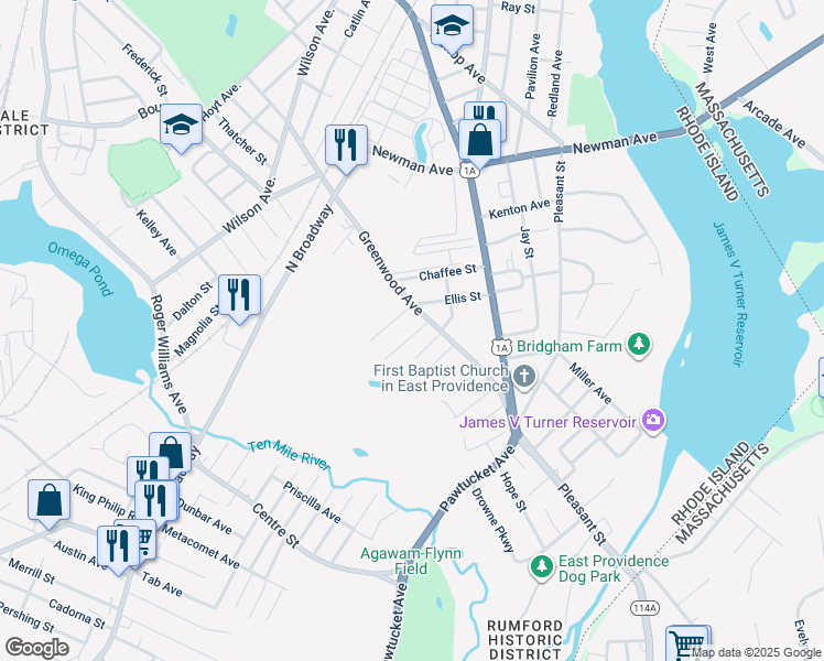 map of restaurants, bars, coffee shops, grocery stores, and more near 15 Berwick Place in East Providence