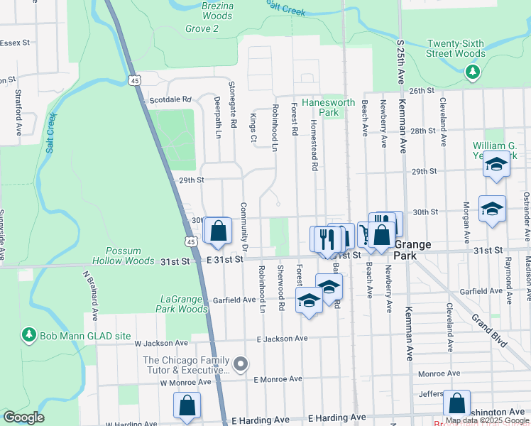 map of restaurants, bars, coffee shops, grocery stores, and more near 1201 Robinhood Lane in La Grange Park