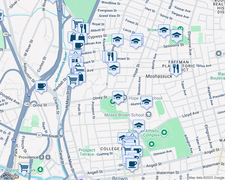map of restaurants, bars, coffee shops, grocery stores, and more near 19 Carrington Avenue in Providence
