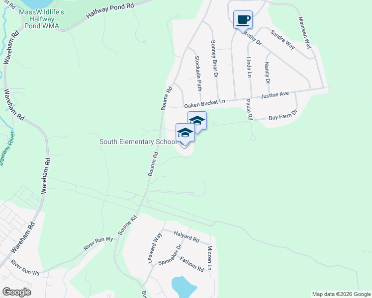 map of restaurants, bars, coffee shops, grocery stores, and more near 178 Bourne Road in Plymouth