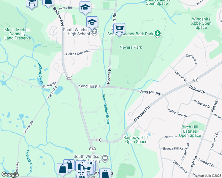 map of restaurants, bars, coffee shops, grocery stores, and more near 202 Sandstone Drive in South Windsor