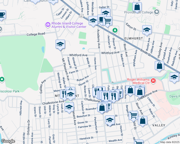 map of restaurants, bars, coffee shops, grocery stores, and more near 12 Webb Street in Providence