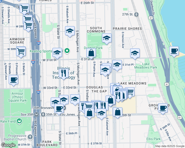 map of restaurants, bars, coffee shops, grocery stores, and more near 3200 South Prairie Avenue in Chicago