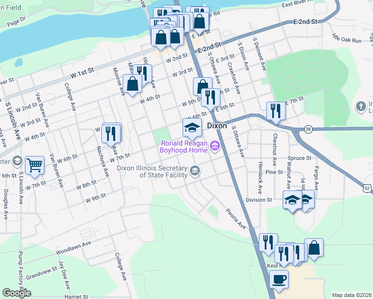 map of restaurants, bars, coffee shops, grocery stores, and more near 723 Peoria Avenue in Dixon
