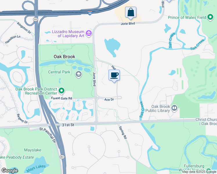 map of restaurants, bars, coffee shops, grocery stores, and more near 2815 Jorie Boulevard in Oak Brook