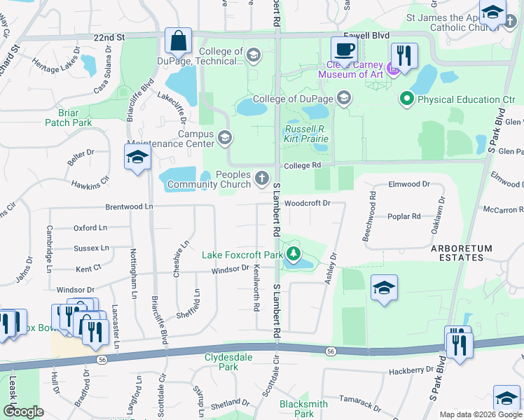 map of restaurants, bars, coffee shops, grocery stores, and more near 23W235 Woodcroft Drive in Glen Ellyn