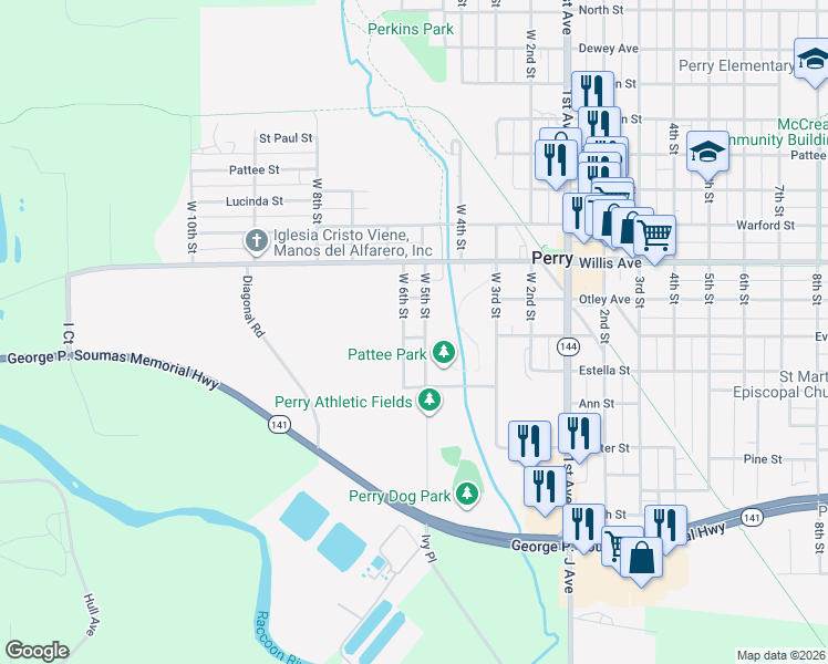 map of restaurants, bars, coffee shops, grocery stores, and more near 715 West 6th Street in Perry