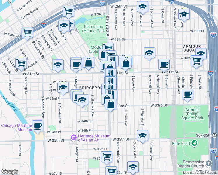map of restaurants, bars, coffee shops, grocery stores, and more near South Halsted Street & West 32nd Street in Chicago