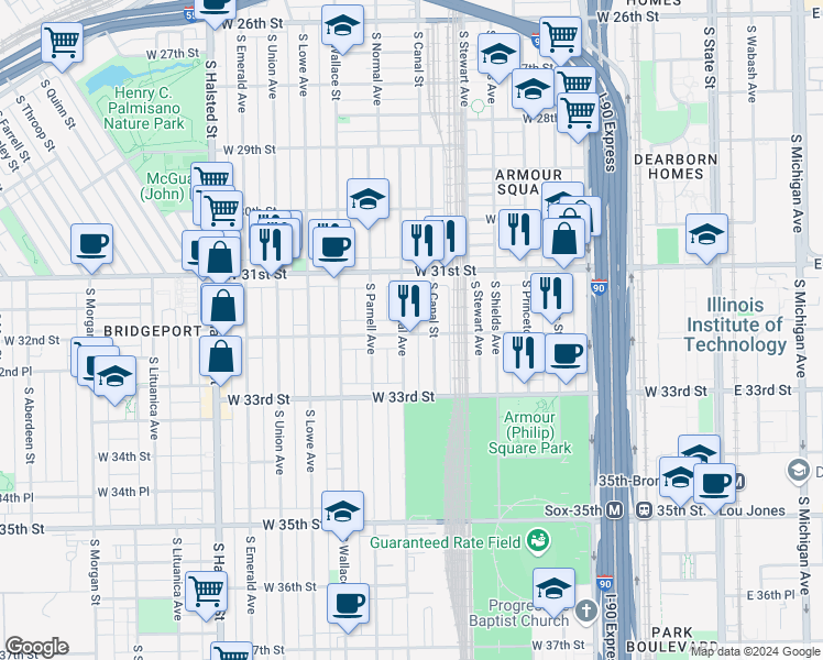 map of restaurants, bars, coffee shops, grocery stores, and more near 500 West 32nd Street in Chicago
