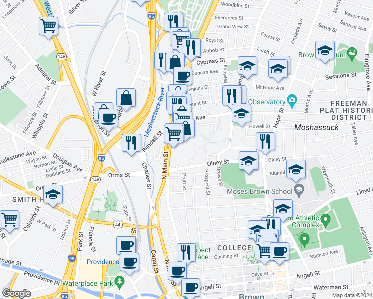 map of restaurants, bars, coffee shops, grocery stores, and more near 555 North Main Street in Providence