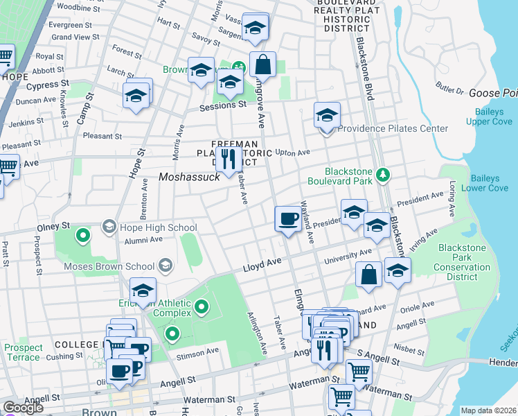 map of restaurants, bars, coffee shops, grocery stores, and more near 75 Laurel Avenue in Providence