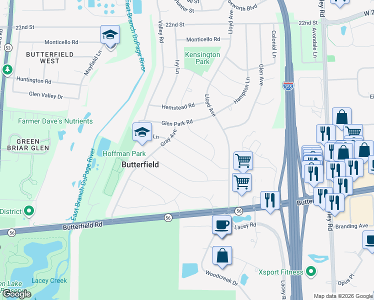 map of restaurants, bars, coffee shops, grocery stores, and more near 21W165 Everest Road in Lombard