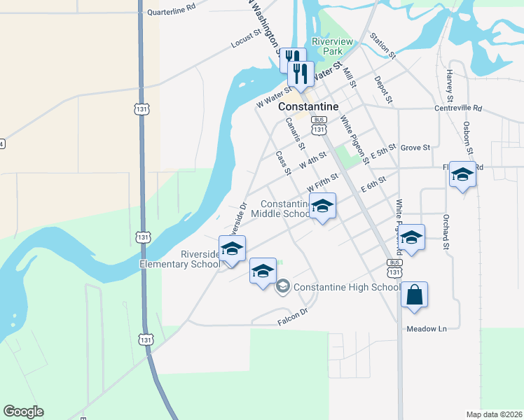 map of restaurants, bars, coffee shops, grocery stores, and more near 511 West Fifth Street in Constantine
