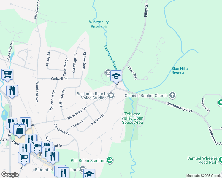 map of restaurants, bars, coffee shops, grocery stores, and more near 112 Wintonbury Avenue in Bloomfield