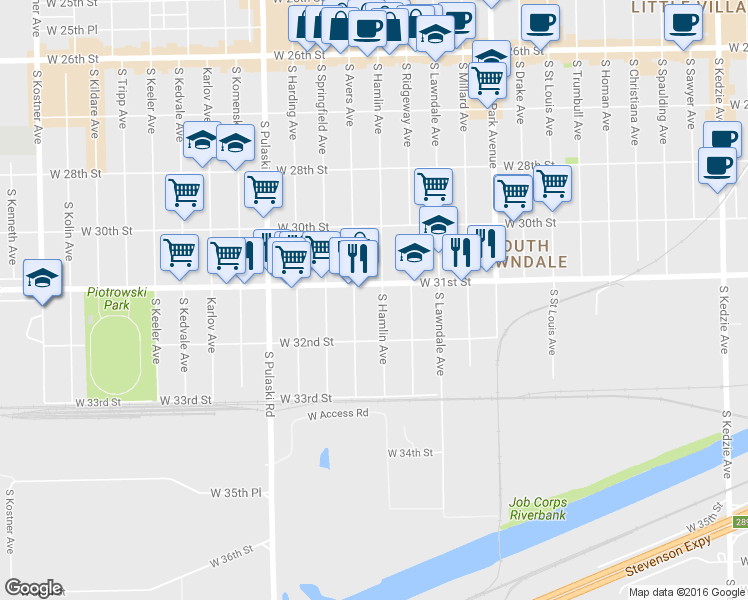 map of restaurants, bars, coffee shops, grocery stores, and more near 3114 South Hamlin Avenue in Chicago