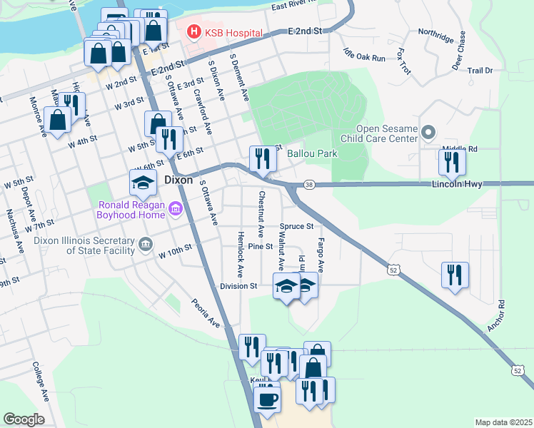 map of restaurants, bars, coffee shops, grocery stores, and more near 914 Chestnut Avenue in Dixon