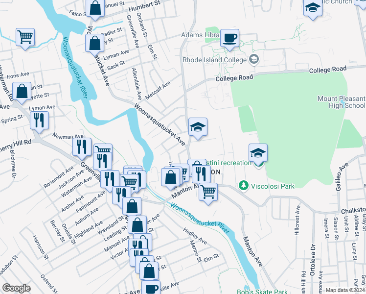 map of restaurants, bars, coffee shops, grocery stores, and more near 6 Woonasquatucket Avenue in North Providence