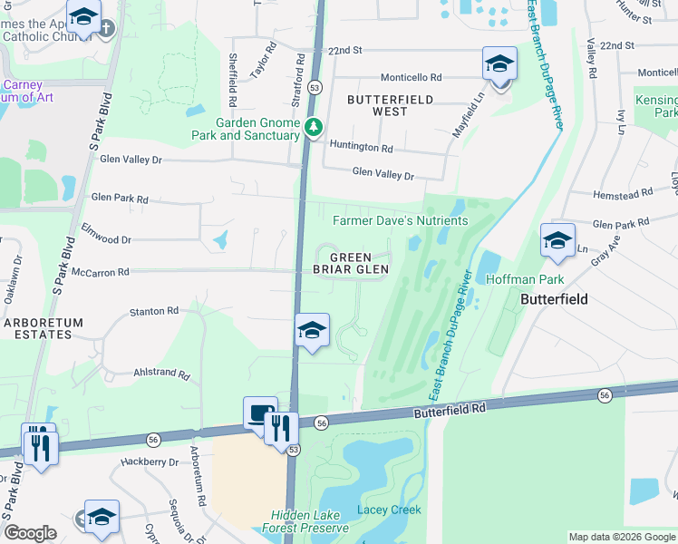 map of restaurants, bars, coffee shops, grocery stores, and more near 21W738 McCarron Road in Glen Ellyn
