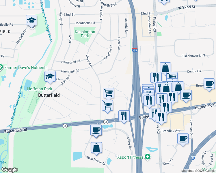 map of restaurants, bars, coffee shops, grocery stores, and more near 2832 Easton Street in Downers Grove