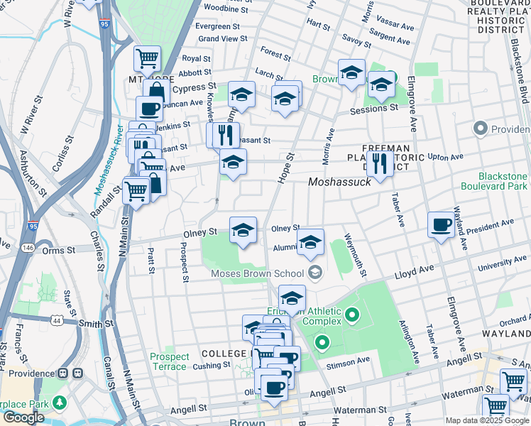 map of restaurants, bars, coffee shops, grocery stores, and more near 376 Hope Street in Providence