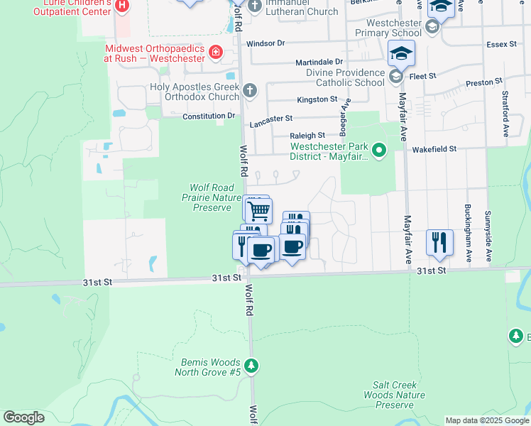 map of restaurants, bars, coffee shops, grocery stores, and more near 2901 Wolf Road in Westchester