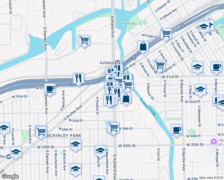 map of restaurants, bars, coffee shops, grocery stores, and more near 3155 South Robinson Street in Chicago