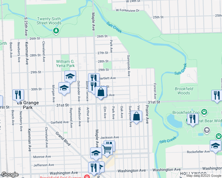 map of restaurants, bars, coffee shops, grocery stores, and more near 9041 30th Street in Brookfield