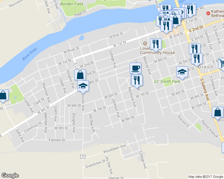 map of restaurants, bars, coffee shops, grocery stores, and more near 516 Jackson Avenue in Dixon