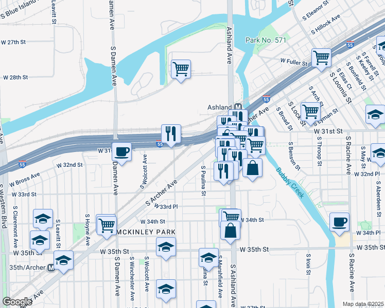 map of restaurants, bars, coffee shops, grocery stores, and more near 3176 South Archer Avenue in Chicago