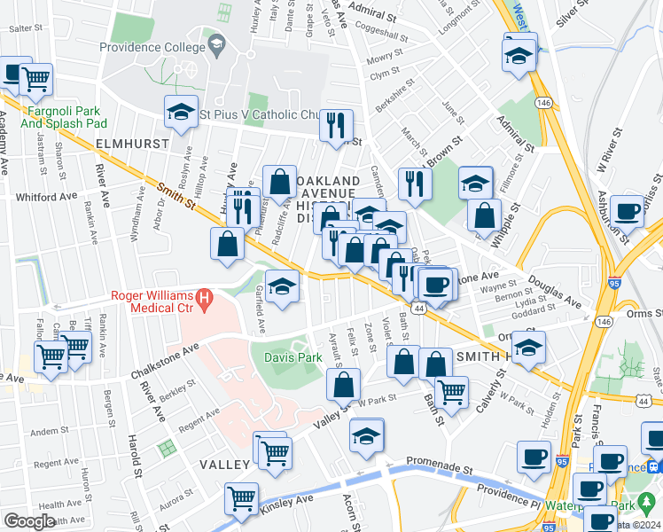 map of restaurants, bars, coffee shops, grocery stores, and more near 539 Smith Street in Providence