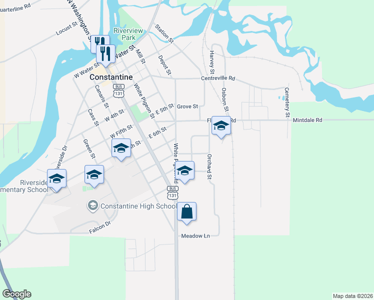 map of restaurants, bars, coffee shops, grocery stores, and more near 365 East Clinton Street in Constantine