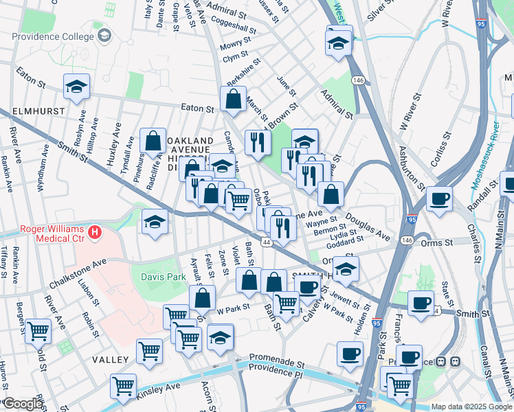 map of restaurants, bars, coffee shops, grocery stores, and more near 35 Camden Avenue in Providence