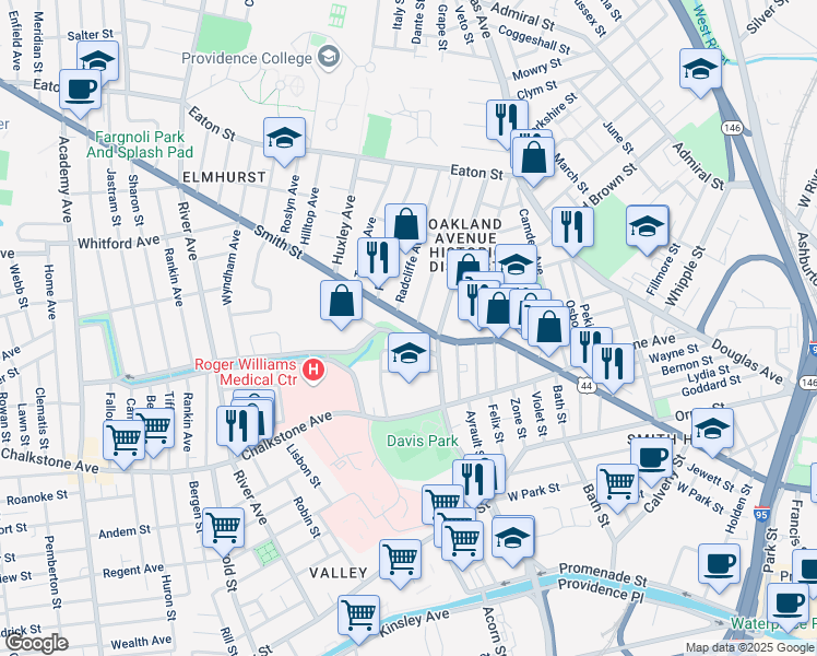 map of restaurants, bars, coffee shops, grocery stores, and more near 610 Smith Street in Providence