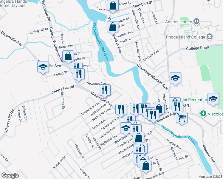 map of restaurants, bars, coffee shops, grocery stores, and more near 21 Springfield Avenue in Johnston