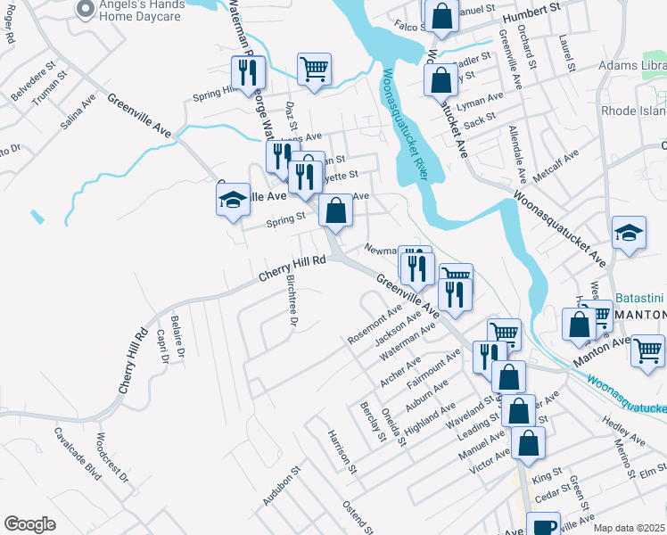map of restaurants, bars, coffee shops, grocery stores, and more near 2 Cherry Hill Road in Johnston