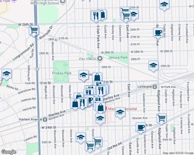 map of restaurants, bars, coffee shops, grocery stores, and more near 3042 Oak Park Avenue in Berwyn
