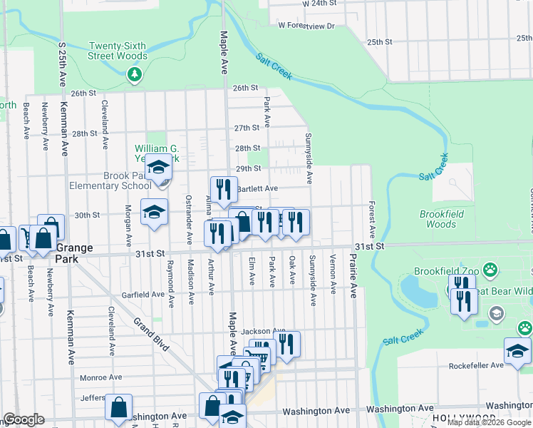 map of restaurants, bars, coffee shops, grocery stores, and more near 9041 30th Street in Brookfield