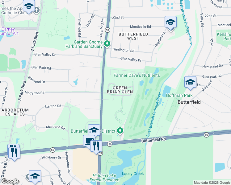 map of restaurants, bars, coffee shops, grocery stores, and more near 21W738 McCarron Road in Glen Ellyn