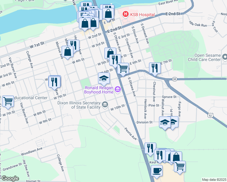 map of restaurants, bars, coffee shops, grocery stores, and more near 816 South Hennepin Avenue in Dixon