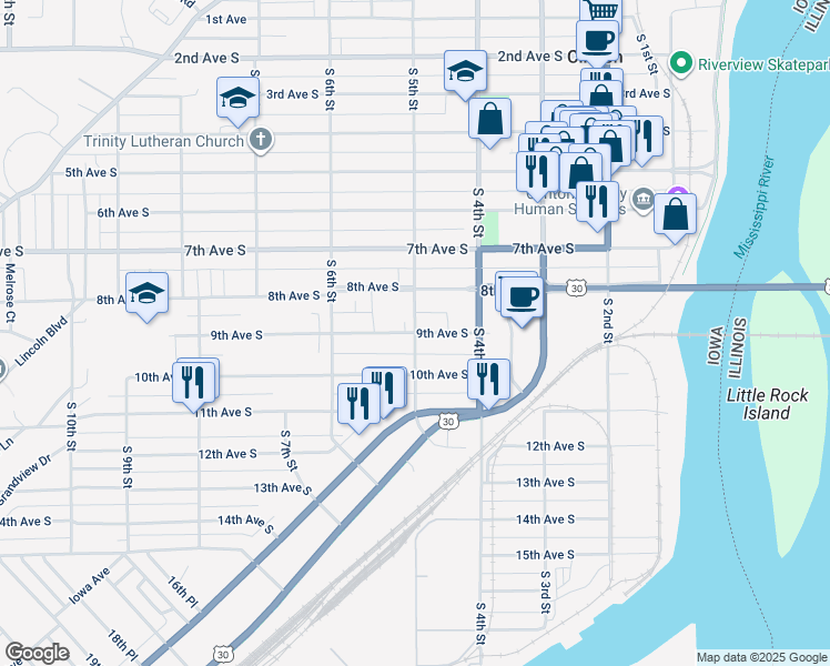 map of restaurants, bars, coffee shops, grocery stores, and more near 501 9th Avenue South in Clinton
