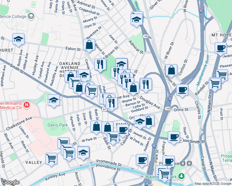 map of restaurants, bars, coffee shops, grocery stores, and more near 54 Candace Street in Providence