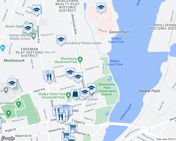 map of restaurants, bars, coffee shops, grocery stores, and more near 261 President Avenue in Providence