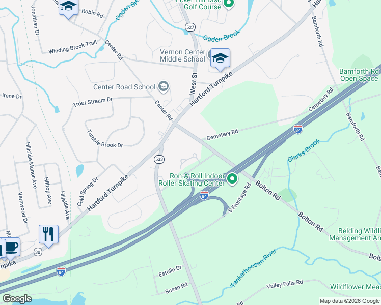 map of restaurants, bars, coffee shops, grocery stores, and more near 5 Whitman Lane in Vernon