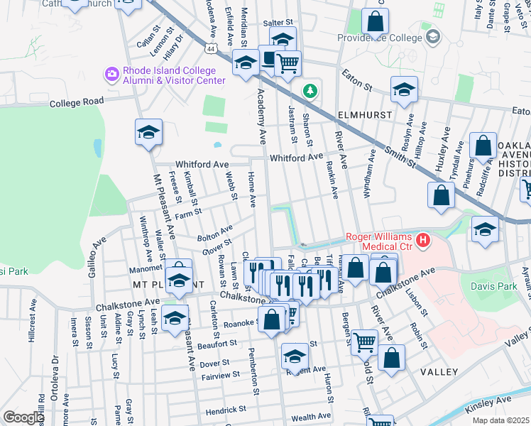 map of restaurants, bars, coffee shops, grocery stores, and more near 426 Academy Avenue in Providence